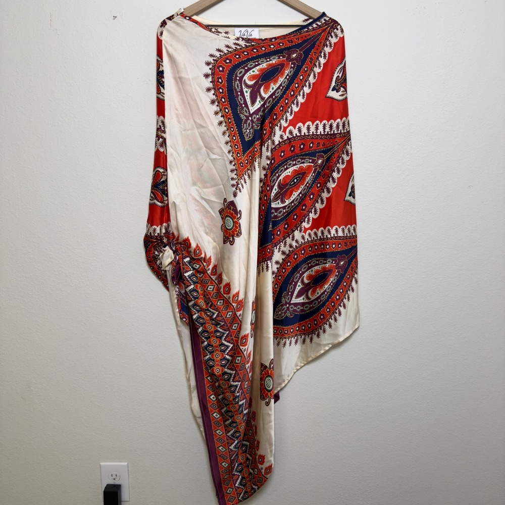 VaVa by Joy Han Women 100% SILK Caftan Top Kimono Bohemian Paisley Artsy Lagen